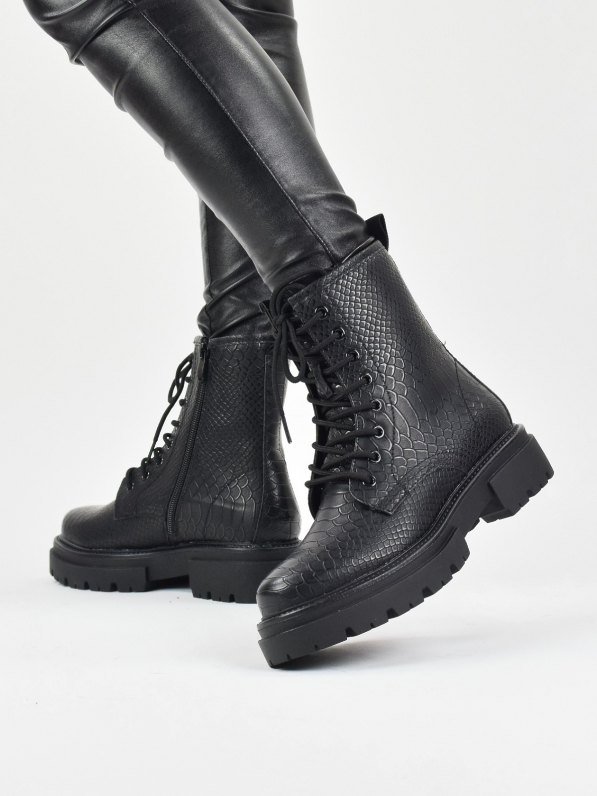 Snake style lace up ankle boots with side zip in black