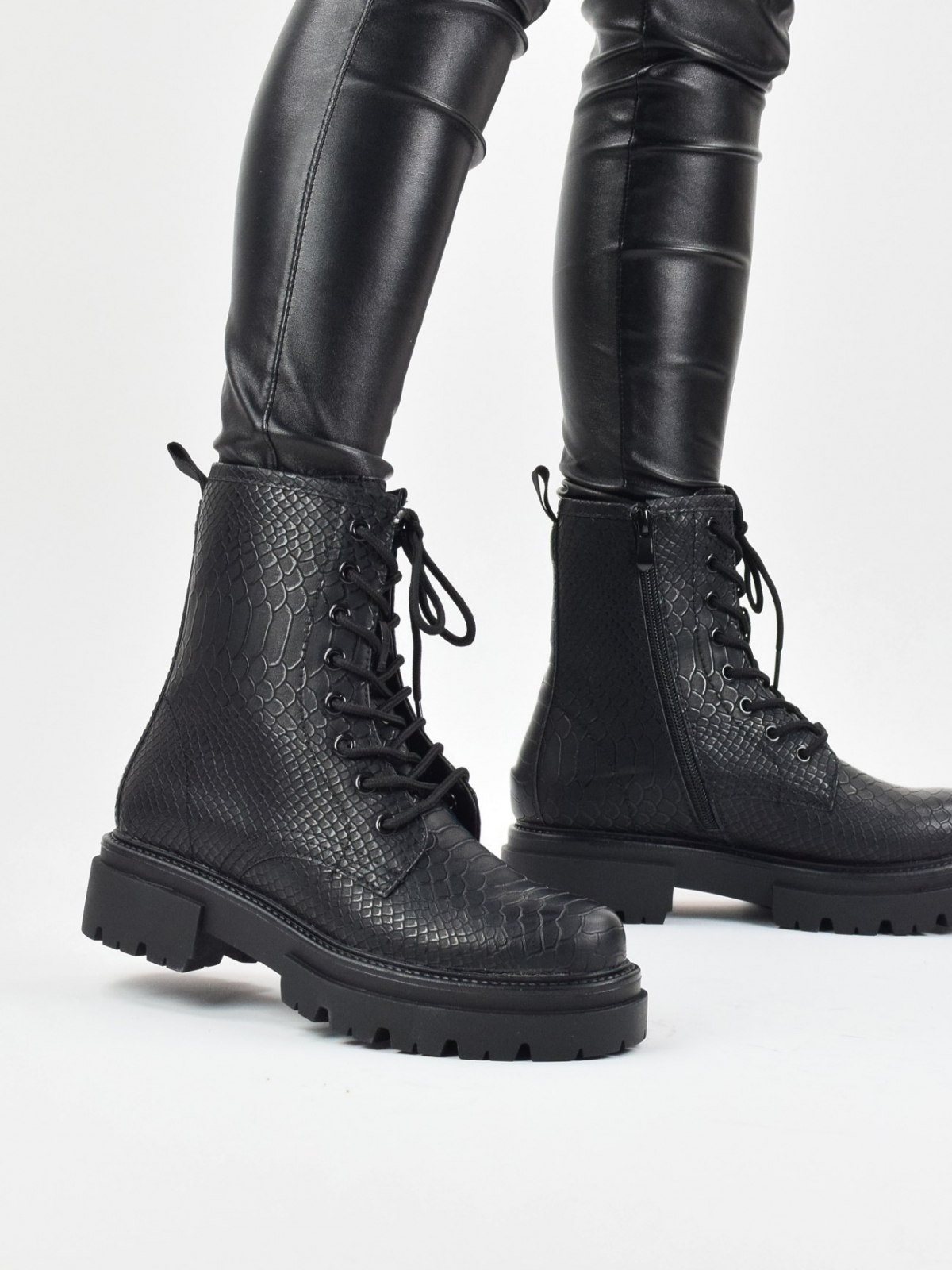 Snake style lace up ankle boots with side zip in black