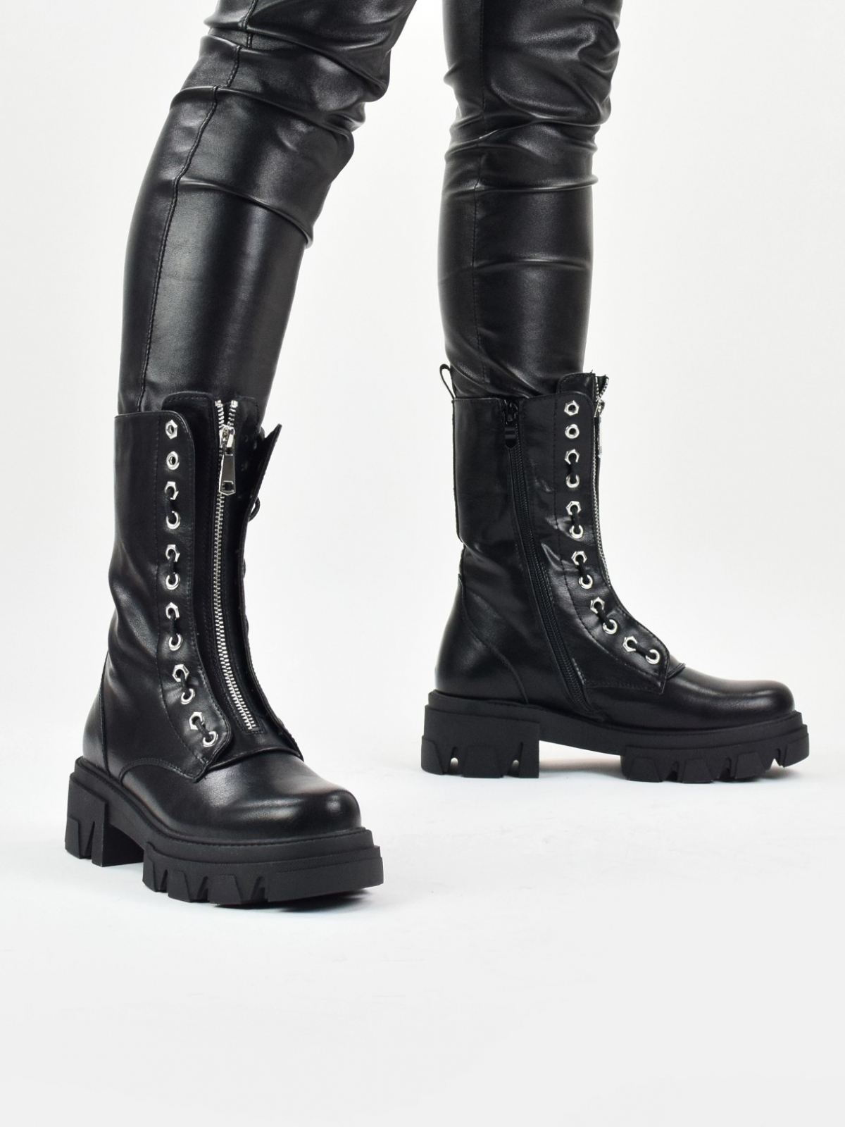 Chunky high boots with front zip detail in black