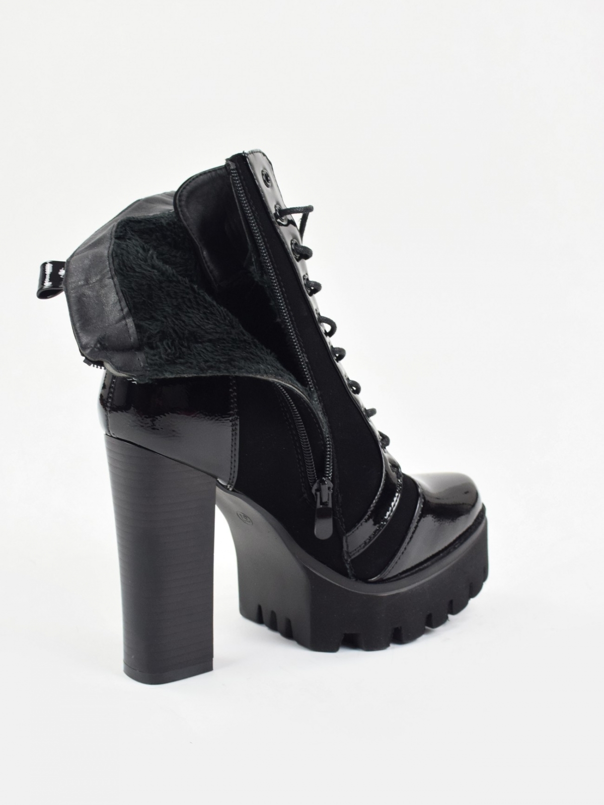 High heeled lace up platform boots in black