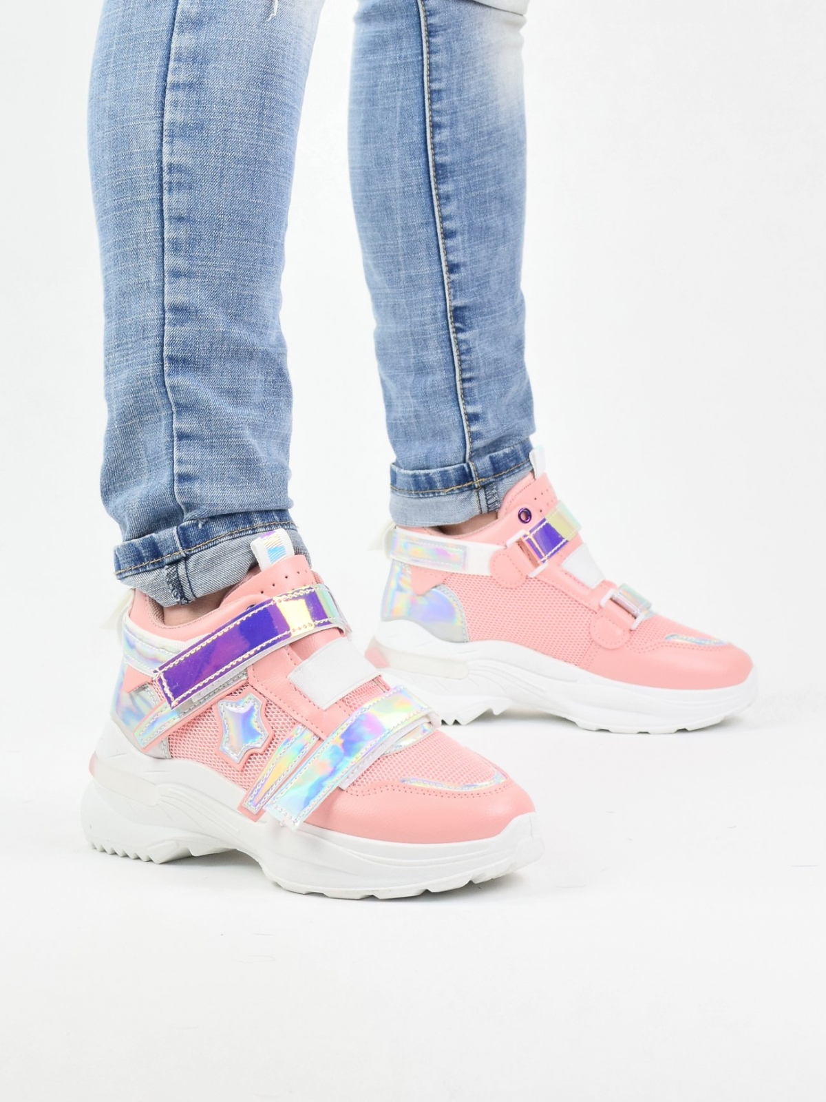 Sneakers with holographic details in pink
