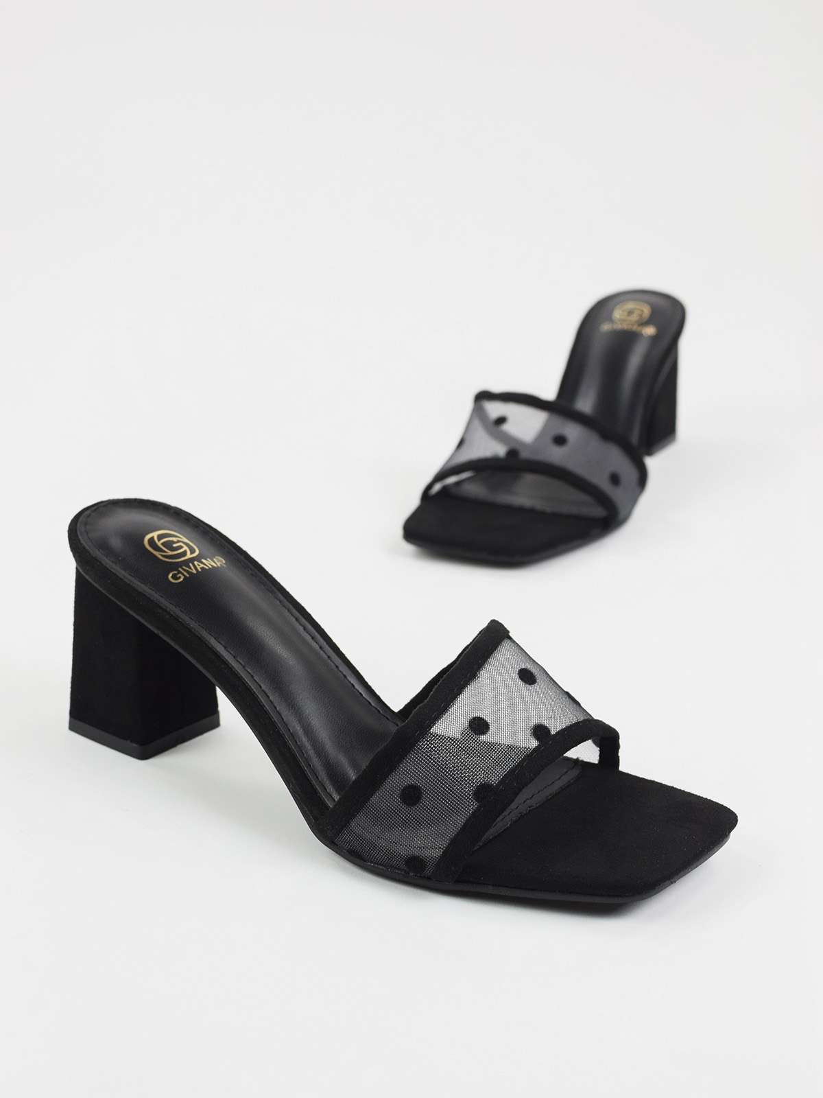 Mule sandals with mid fat heel in black