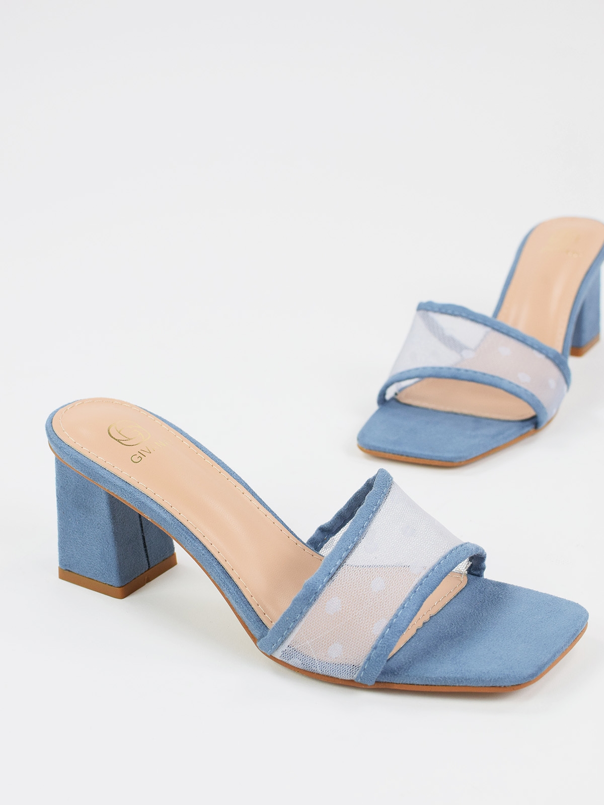Mule sandals with mid fat heel in blue