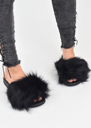 Fashionable design women's slippers with fur in black