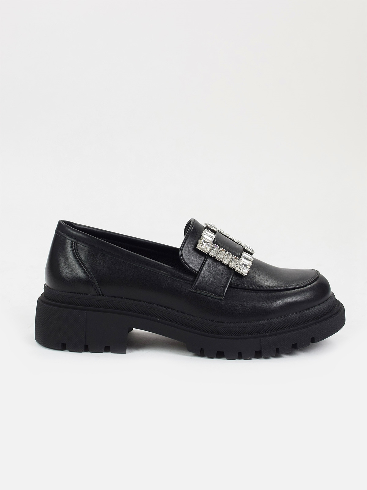 Chunky loafers with crystal buckle in black