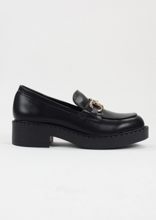 Chunky heeled loafers with gold snaffle detail in black