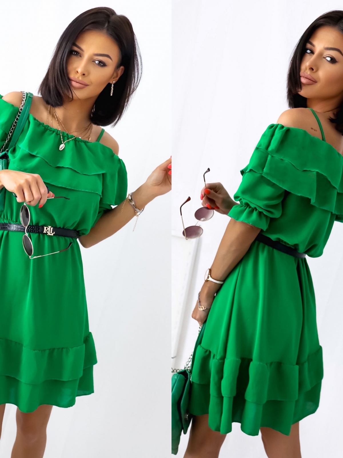 Žalios spalvos suknelė kirptais pečiais