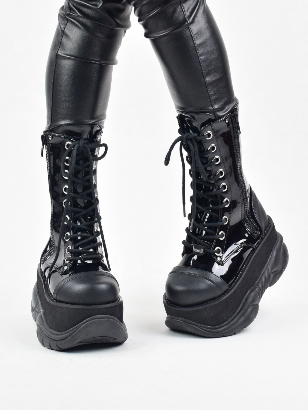 Demonia Neptune 200 lace up mid calf high platform boots in black