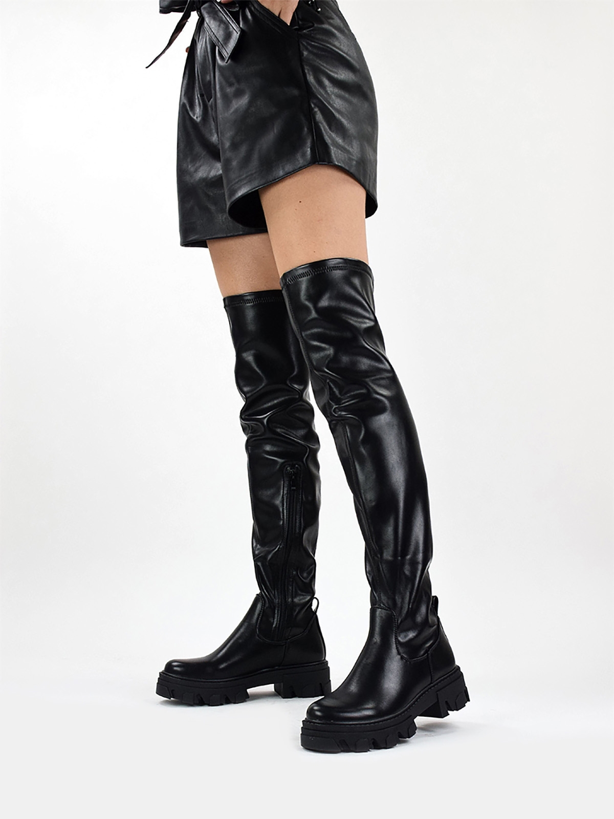 Chunky wide fit over the knee stretch boots in black
