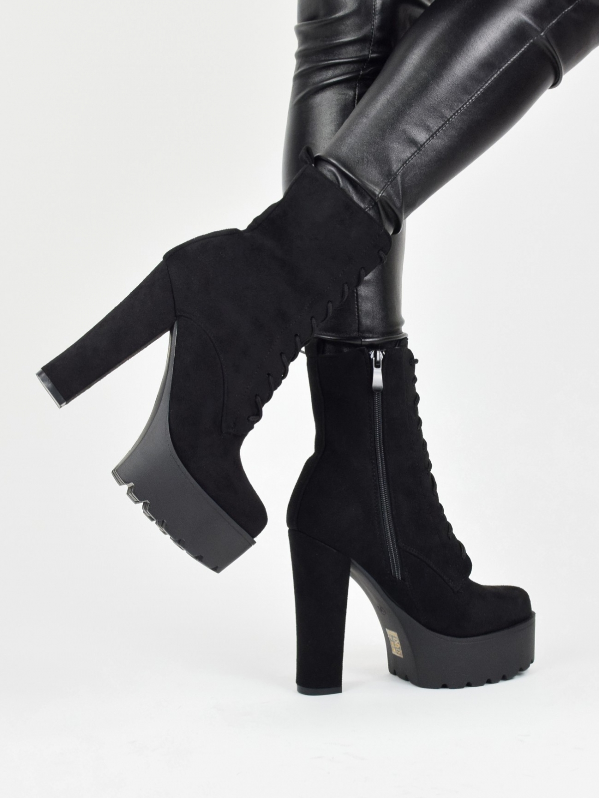 High block heeled lace up platform boots with side zip in black