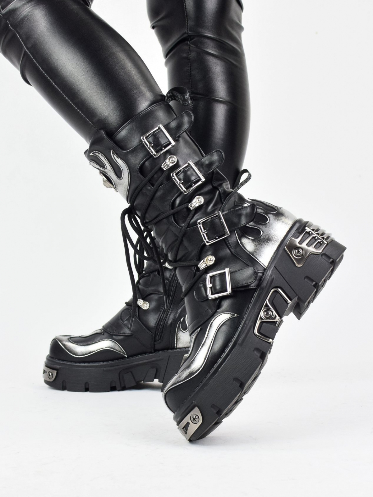 Exclusive design rock style thick ankle boots with metal details in black
