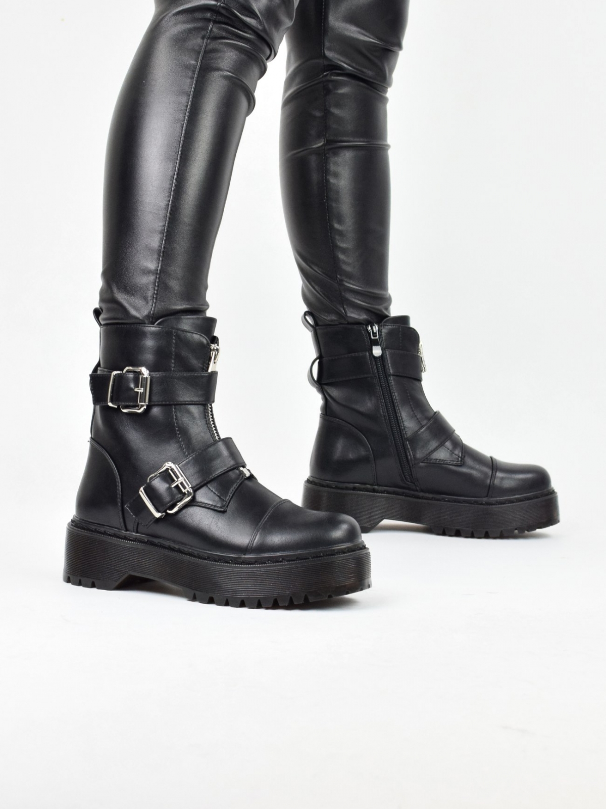 Chunky ankle boots with side metal details in black