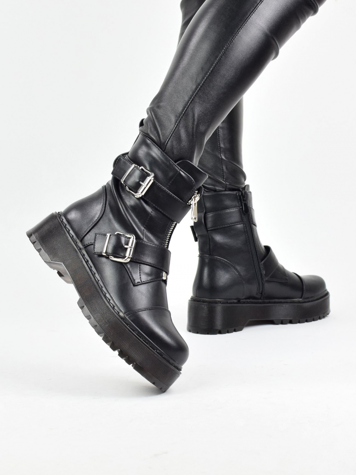 Chunky ankle boots with side metal details in black