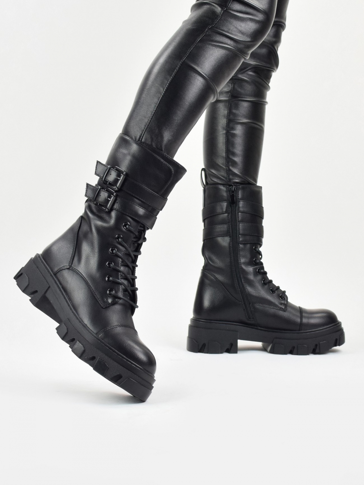 Chunky lace up mid calf boots with buckle details in black