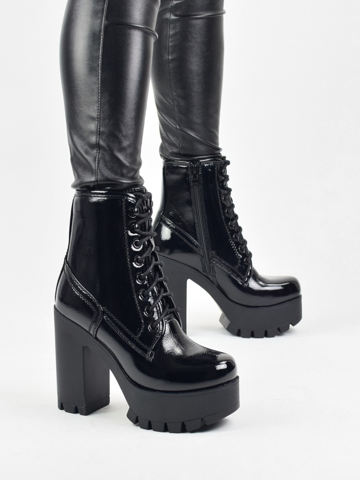 Fat block heeled lace up platform boots with side zip in black patent
