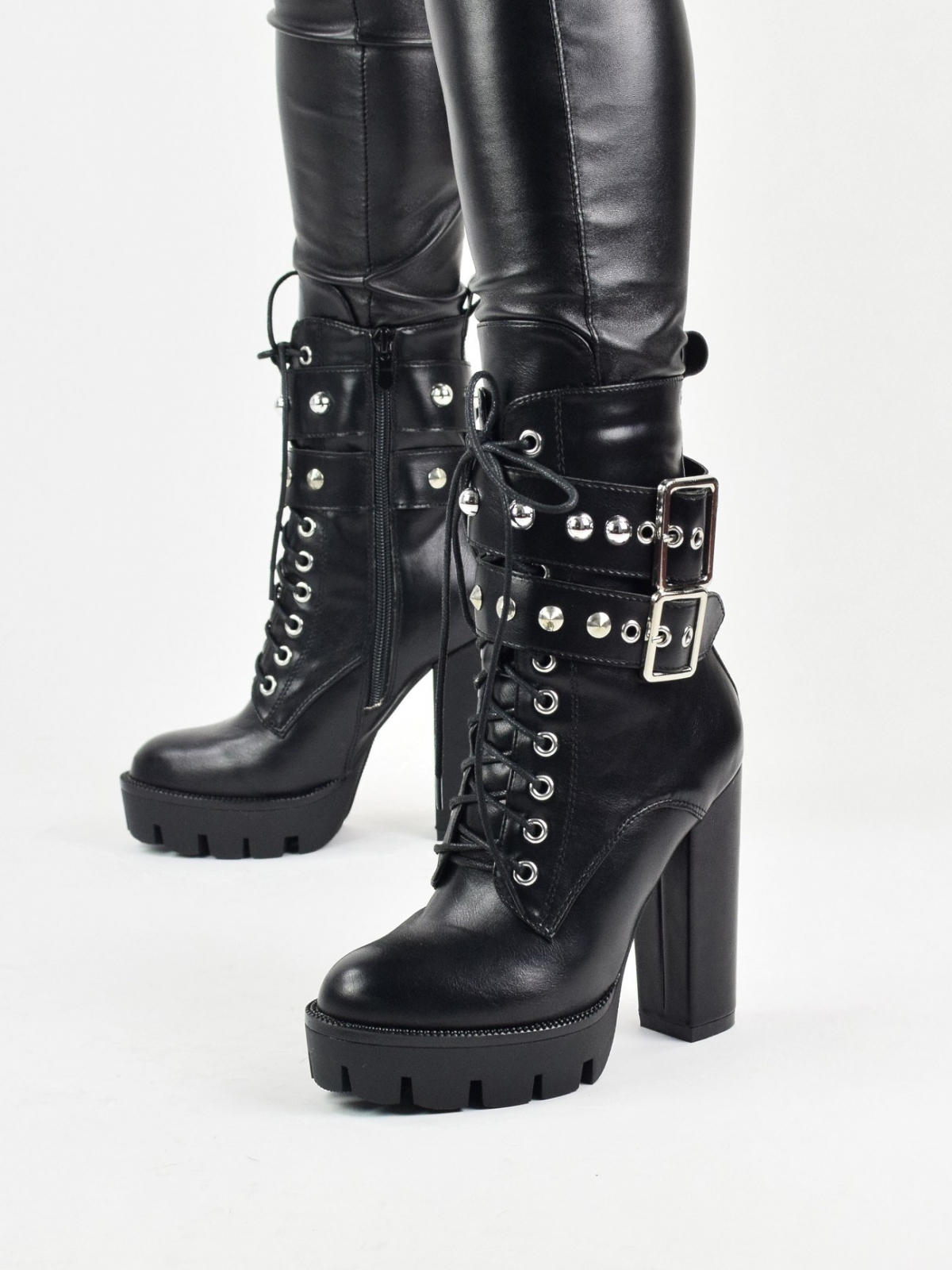 High block heeled lace up platform boots with side zip & front metal details in black