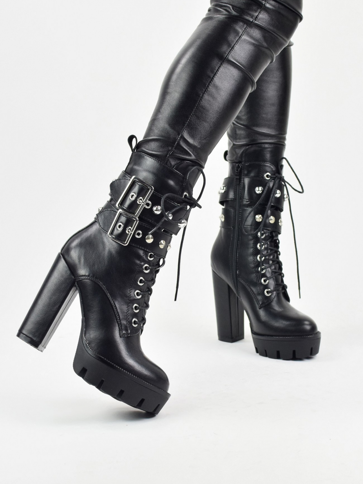 High block heeled lace up platform boots with side zip & front metal details in black