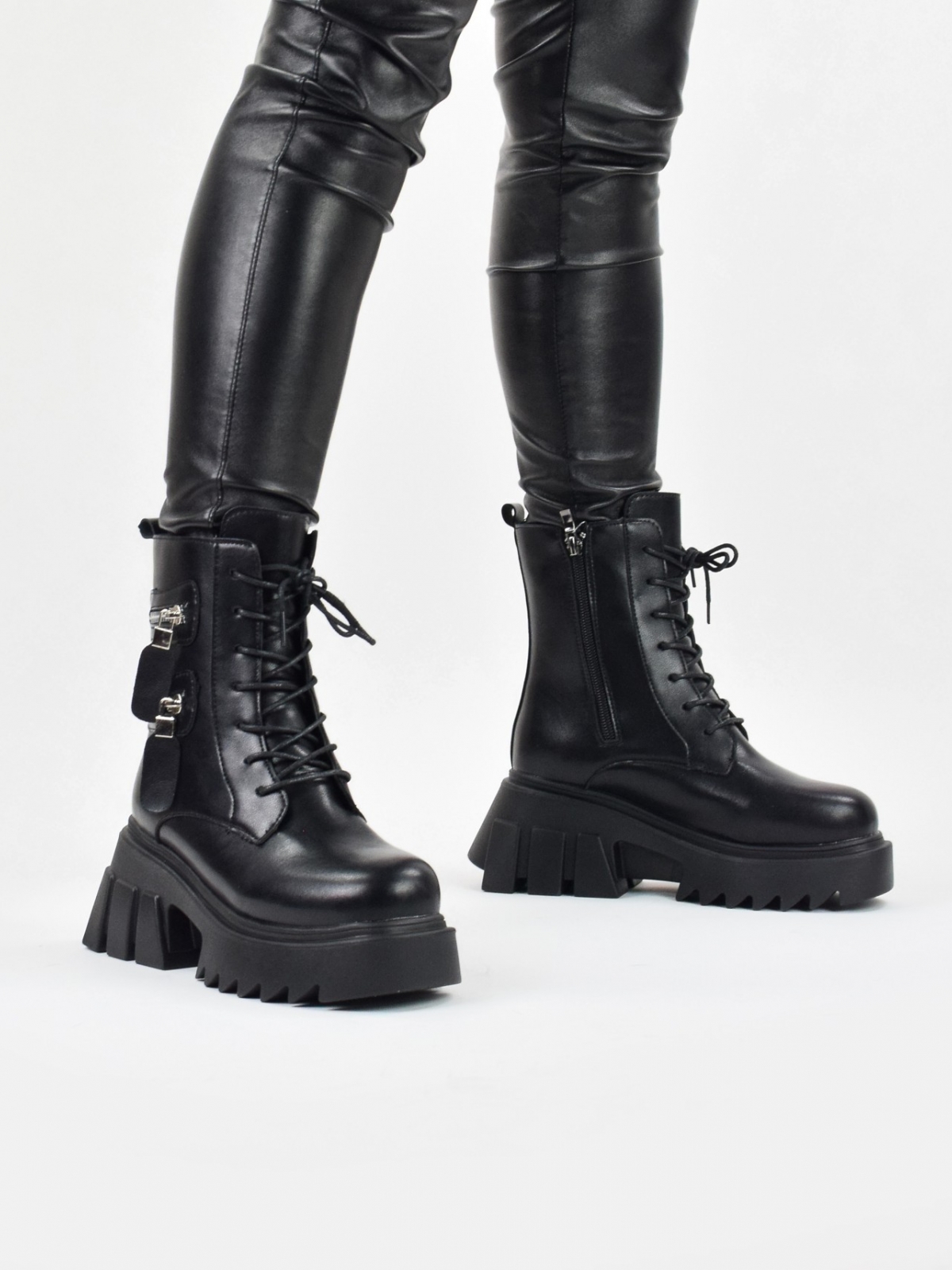 Chunky lace up ankle boots with side zip details in black