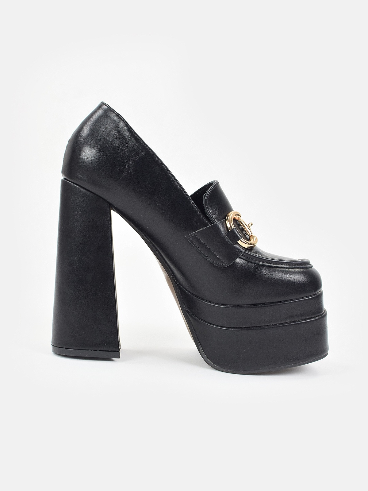 High heeled platform shoes with gold-tone metal trim in black