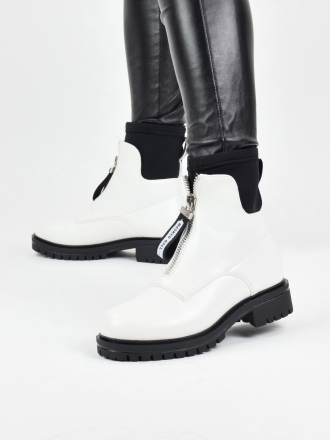Modern design ankle boots with front zipper in white