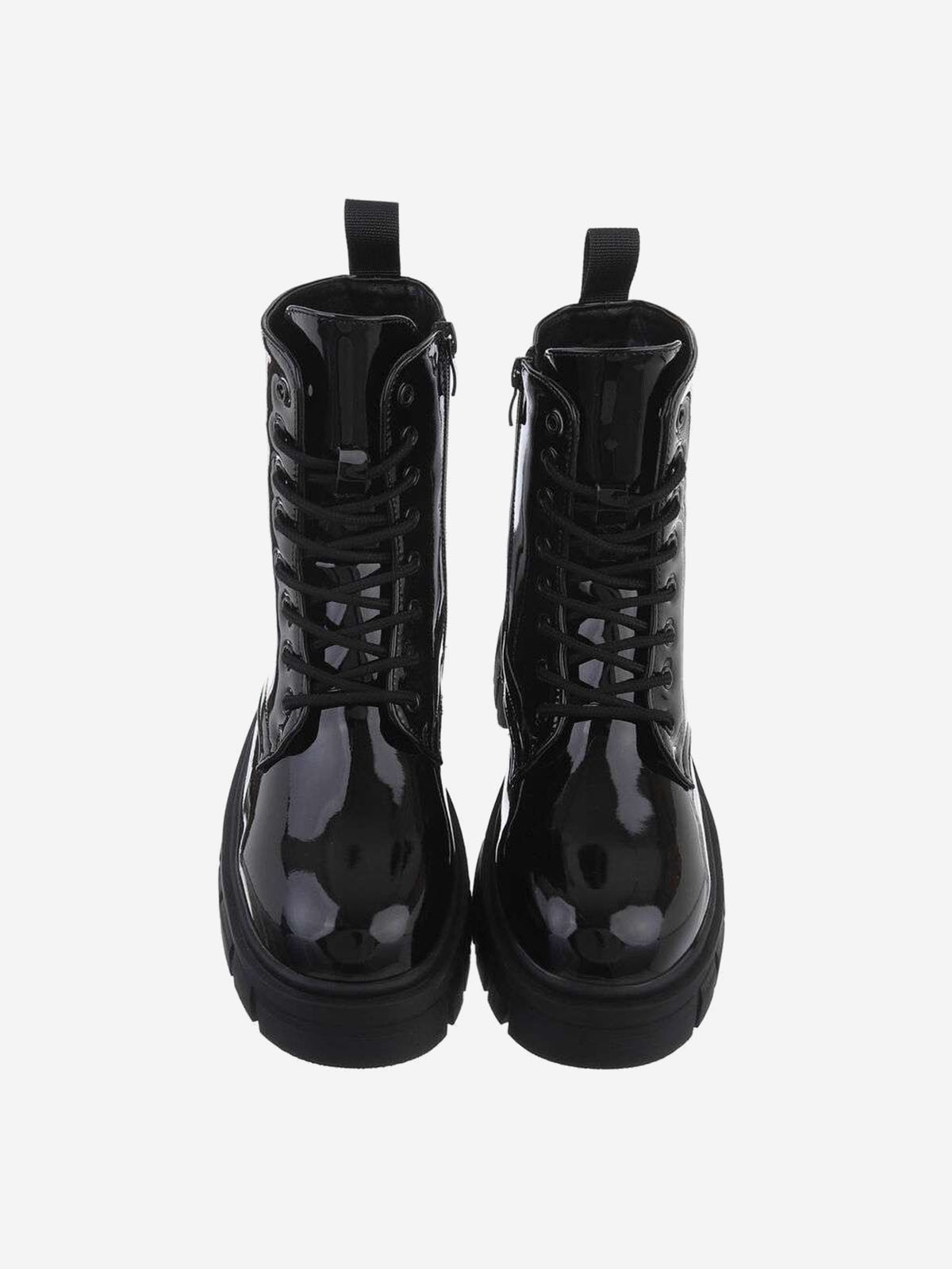 Lacquered women's ankle boots with platform and laces in black