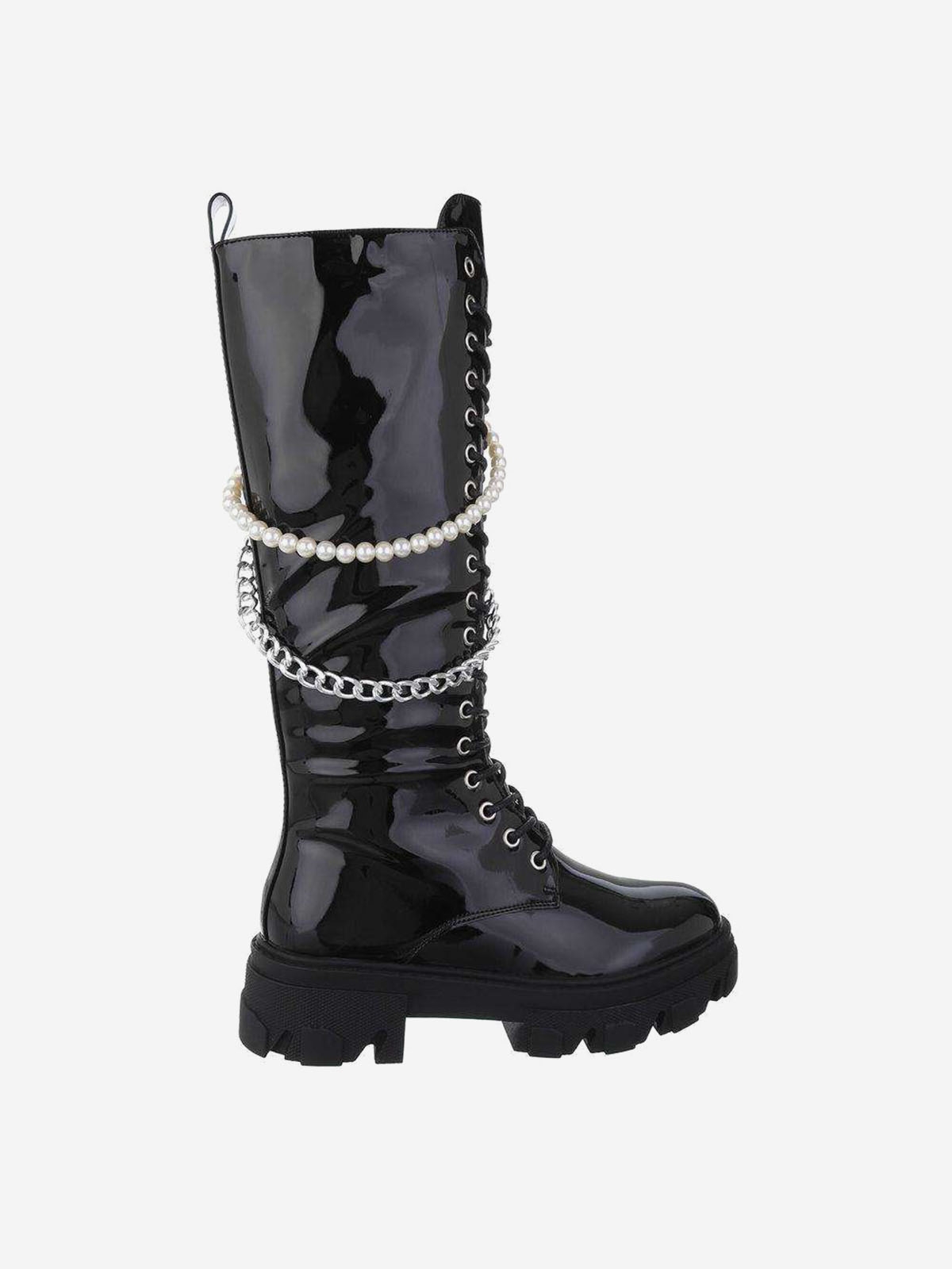 Lacquered lace-up women's high ankle boots in black