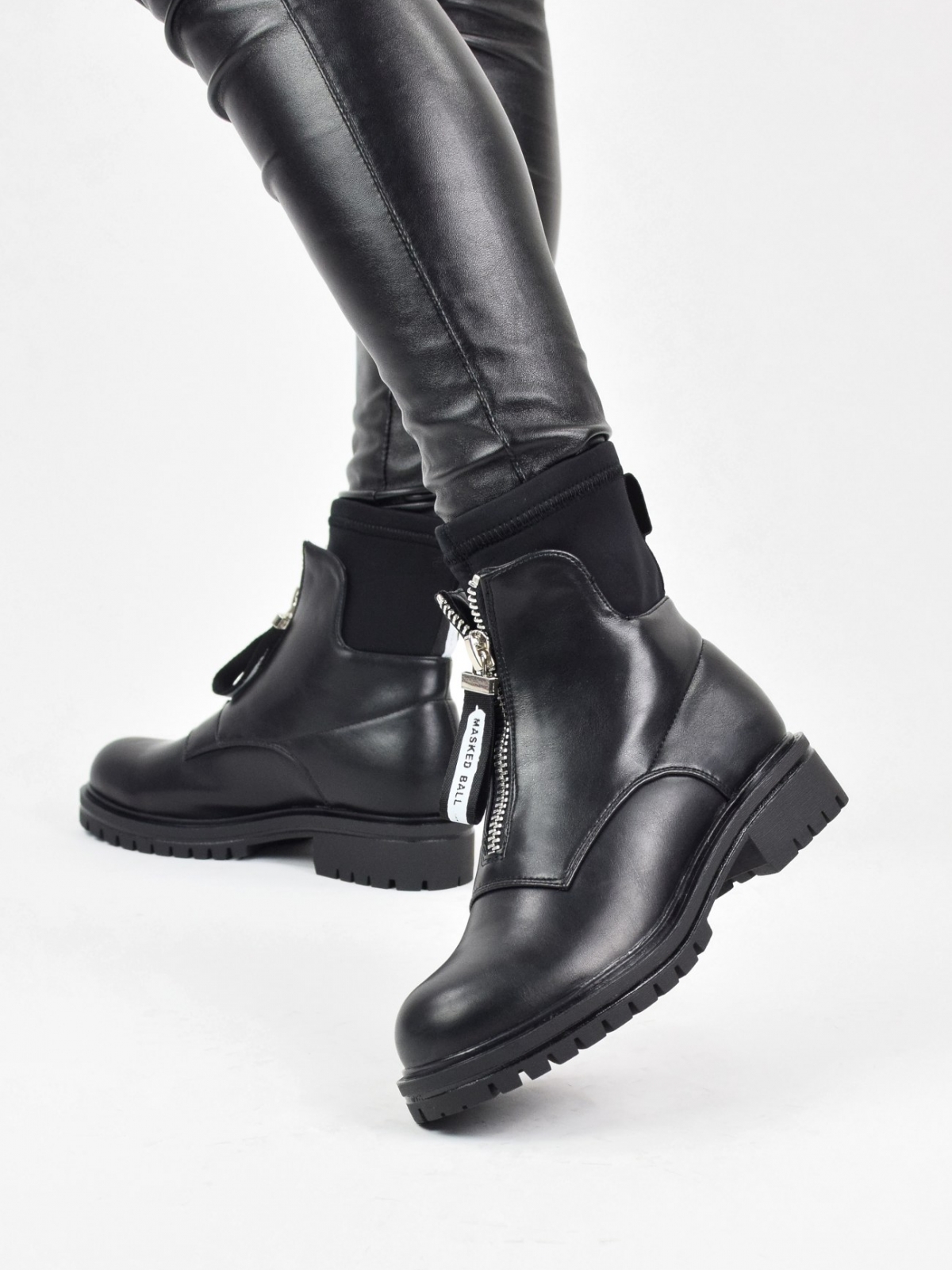 Modern design ankle boots with front zipper in black