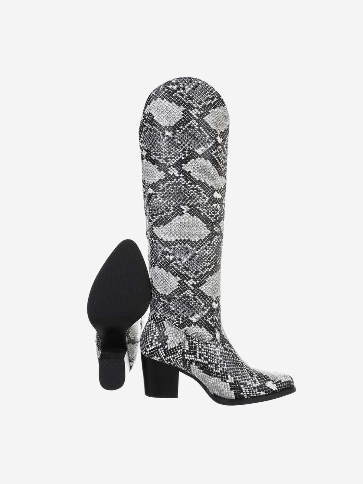 Western style women's high-heeled boots with snake skin pattern