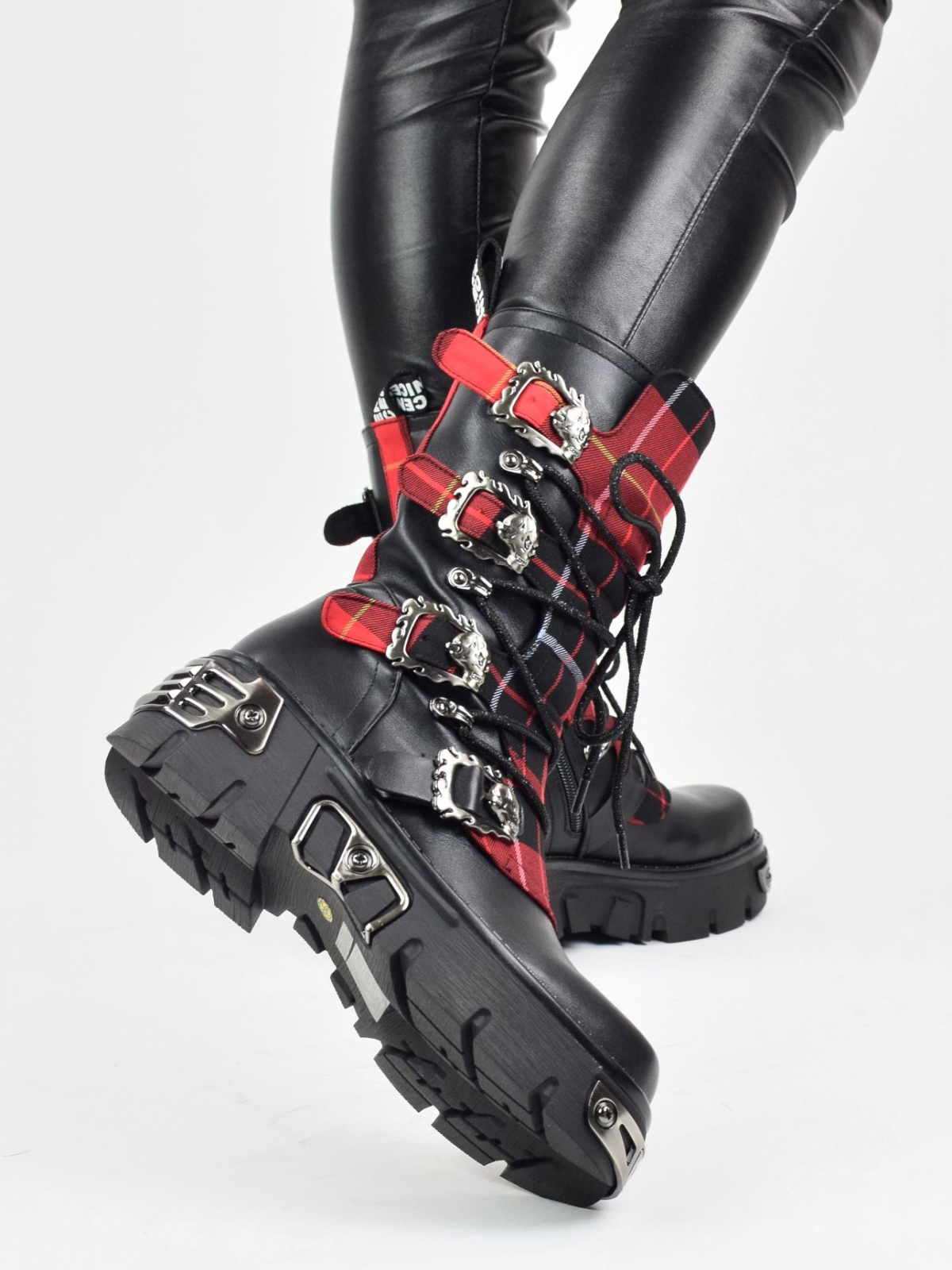 Exclusive design cyberpunk style boots with metal details in black & red