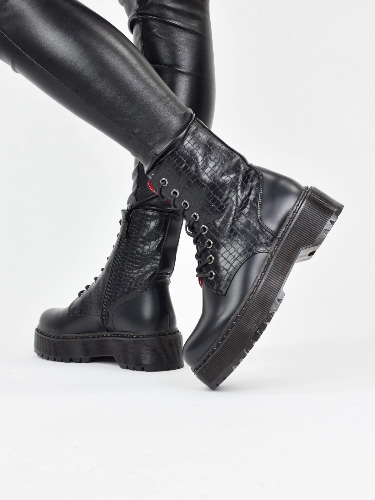 Ankle boots for women with different leather textures in black