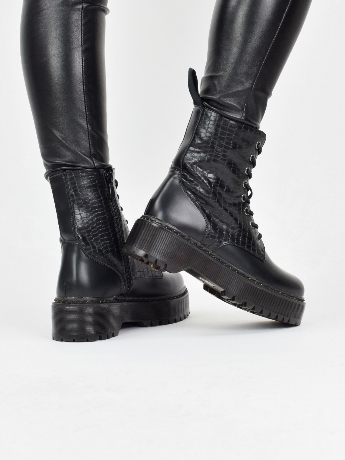 Ankle boots for women with different leather textures in black
