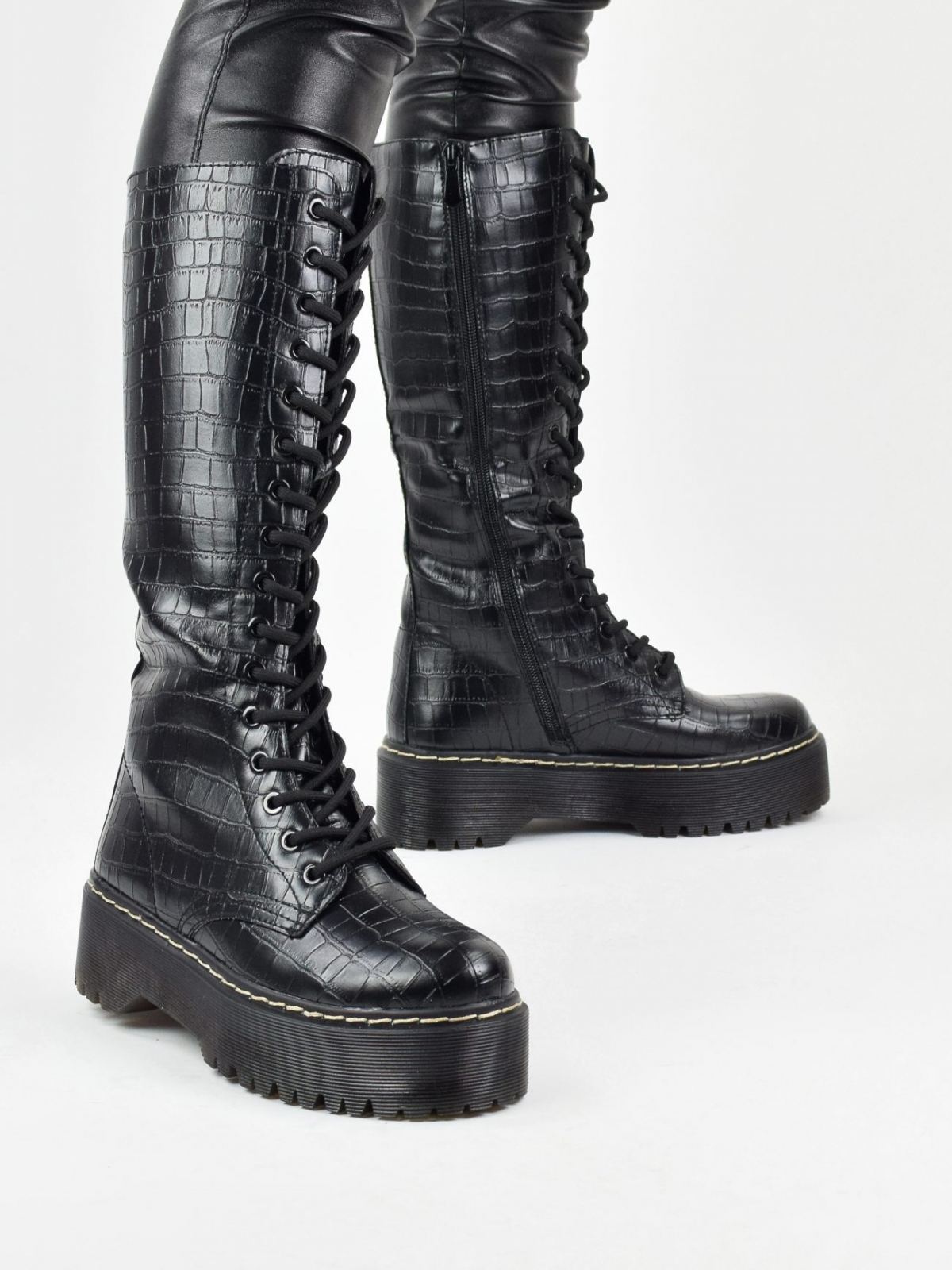 Modern design high boots with animal skin pattern in black