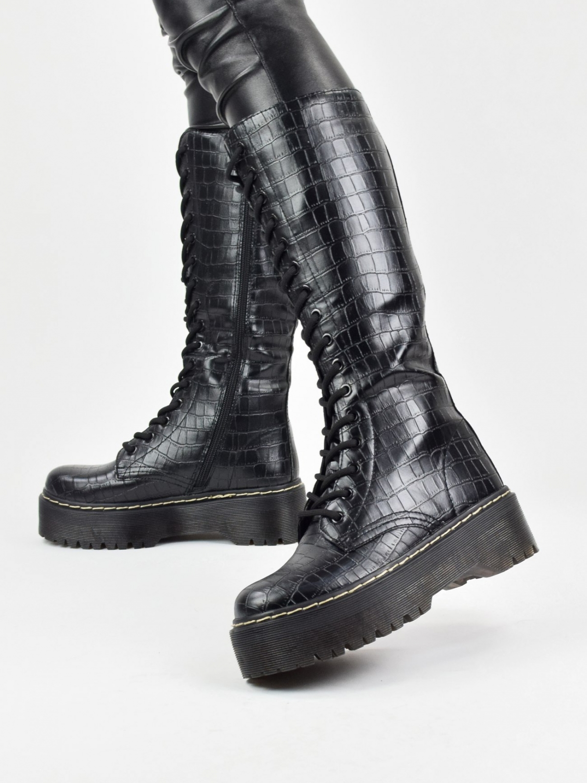 Modern design high boots with animal skin pattern in black