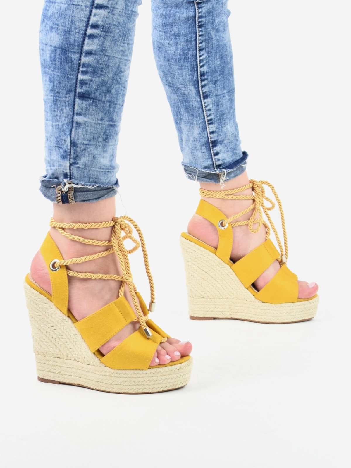 High platform sandals with laces in yellow