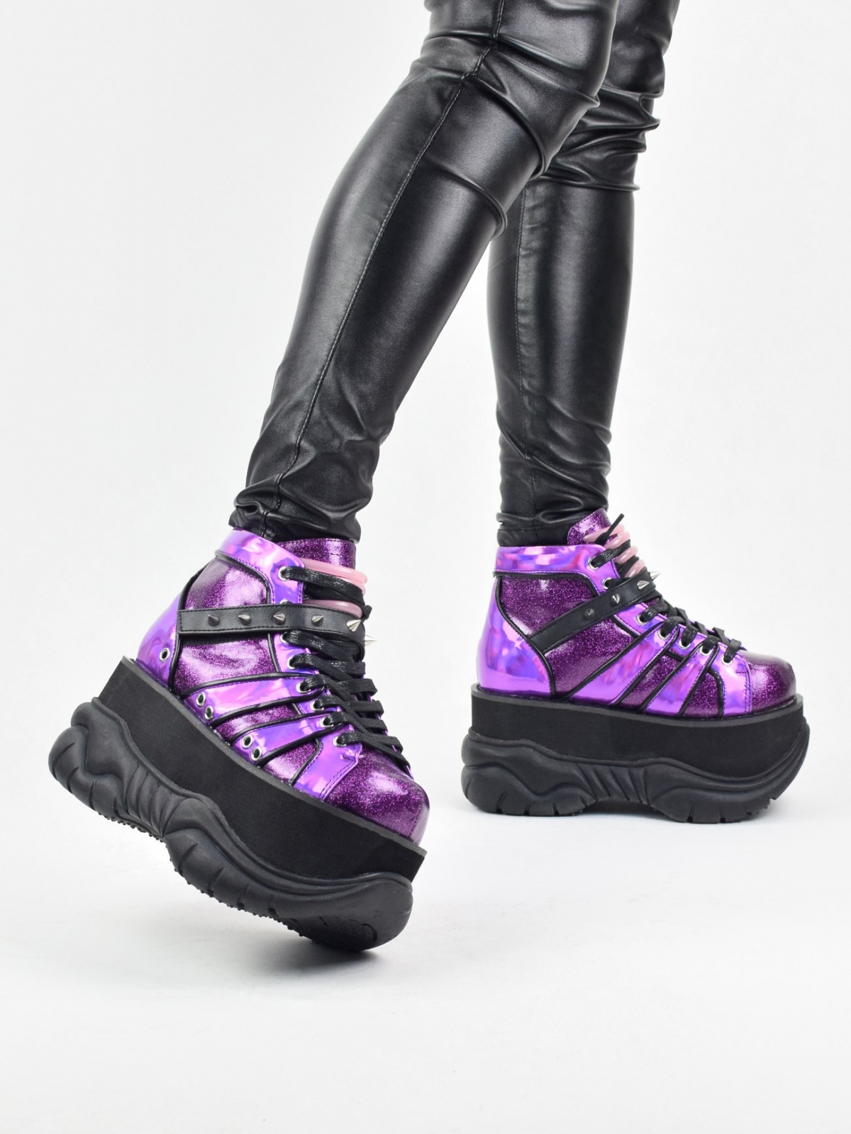 Nep 100 platform lace-up shoes with UV reactive tubbing on tongue in purple