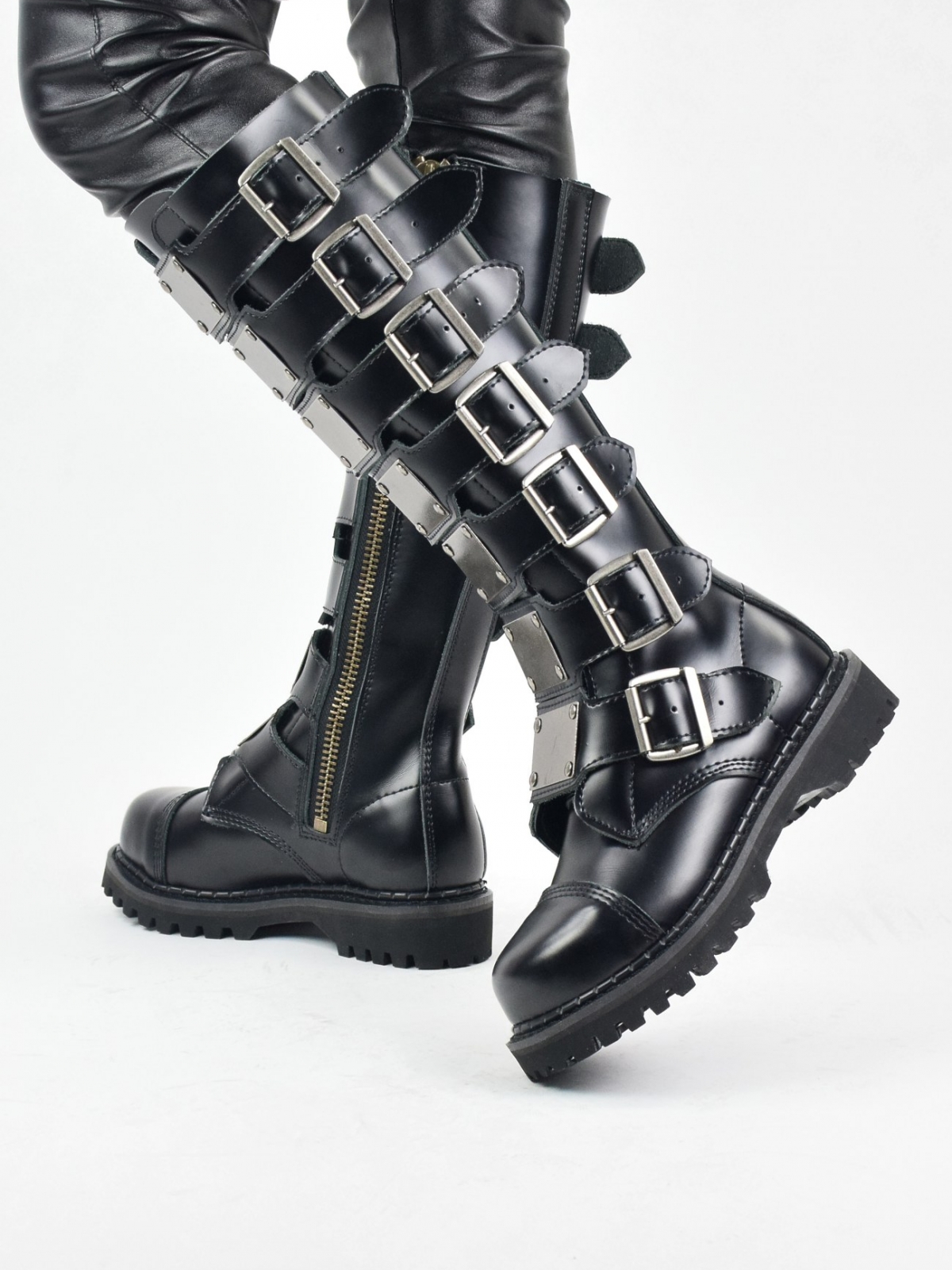 Alternative design unisex leather steel toe knee boots with multiple buckles & front metal plates in black