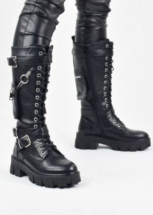 Exclusive design high boots with pocket and metal details in black