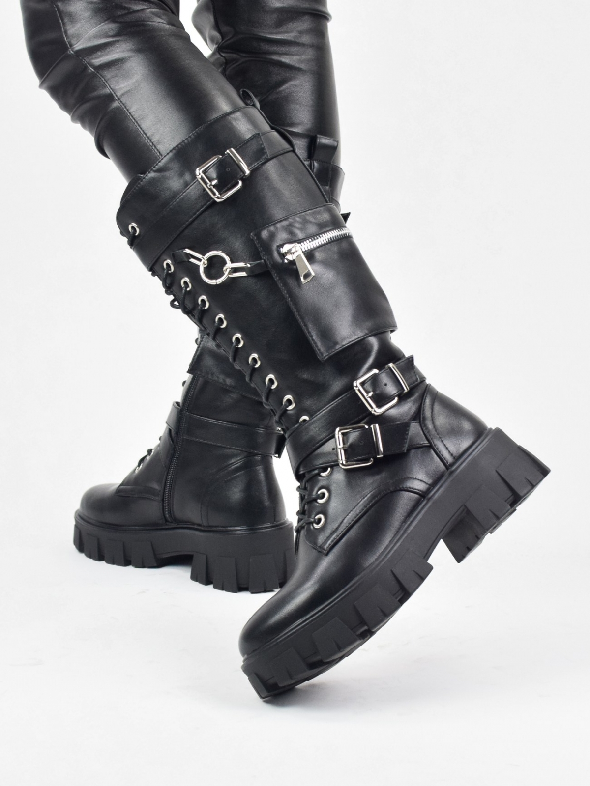 Exclusive design high boots with pocket and metal details in black
