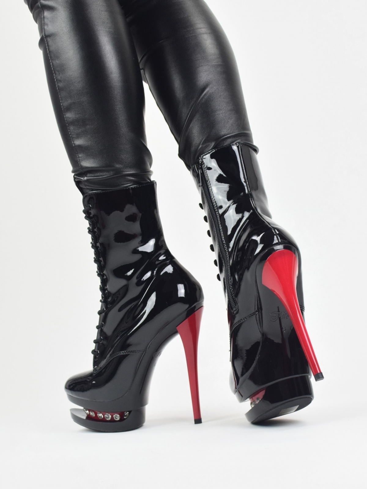 Pleaser Blondie R 1020 ankle boots with rhinestone accents in black & red