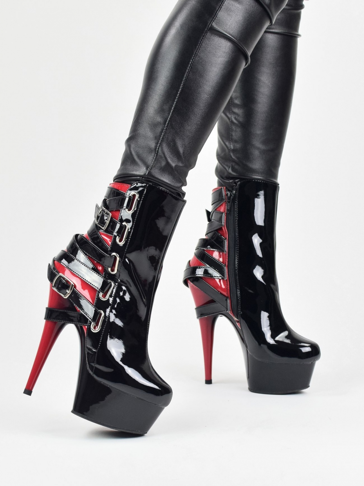 Pleaser Delight 1012 ankle boots with ornamental criss cross in black & red