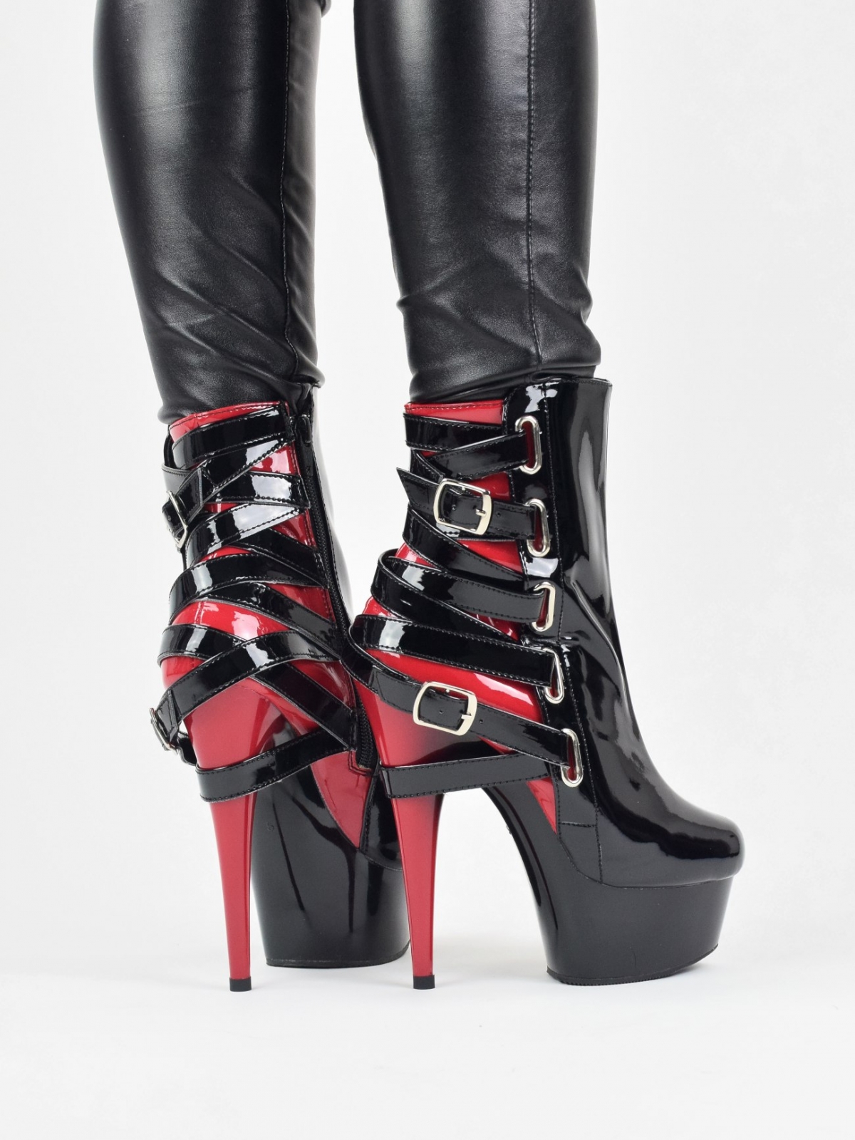 Pleaser Delight 1012 ankle boots with ornamental criss cross in black & red