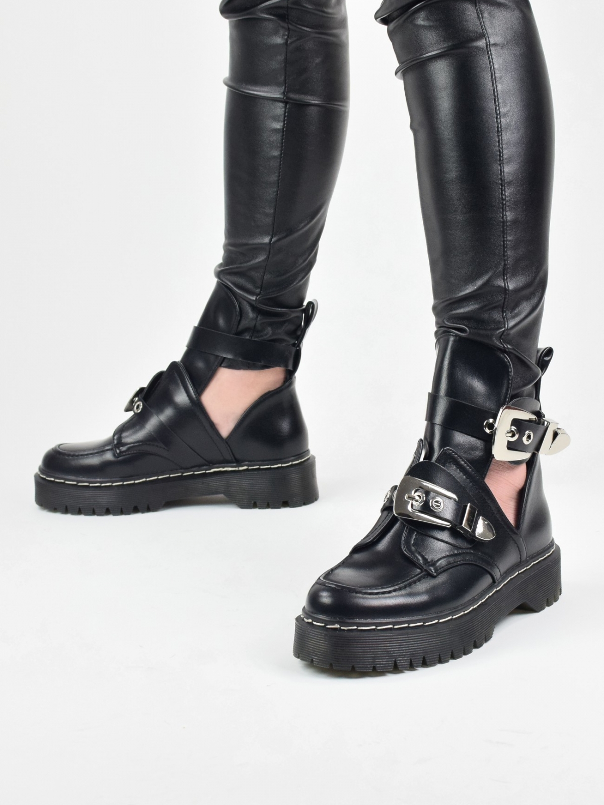 Modern design open ankle boots with metal details in black