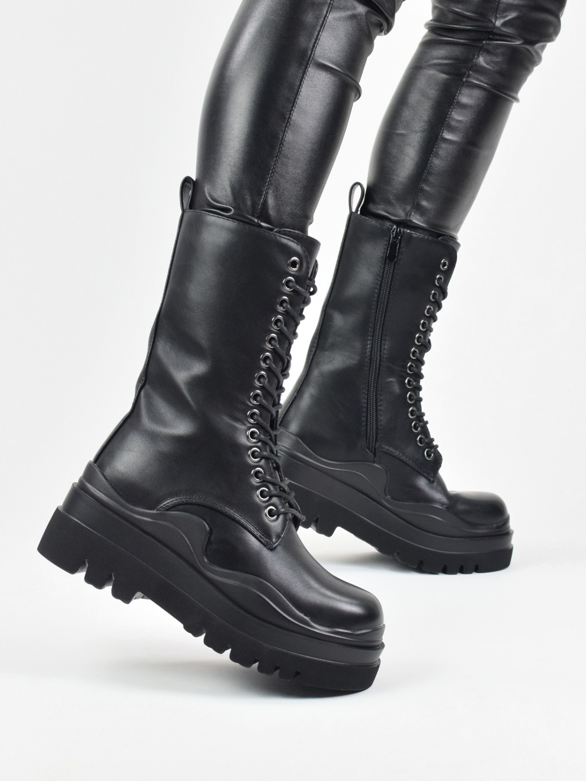 Exclusive design ankle boots with lace up & zipper inside in black
