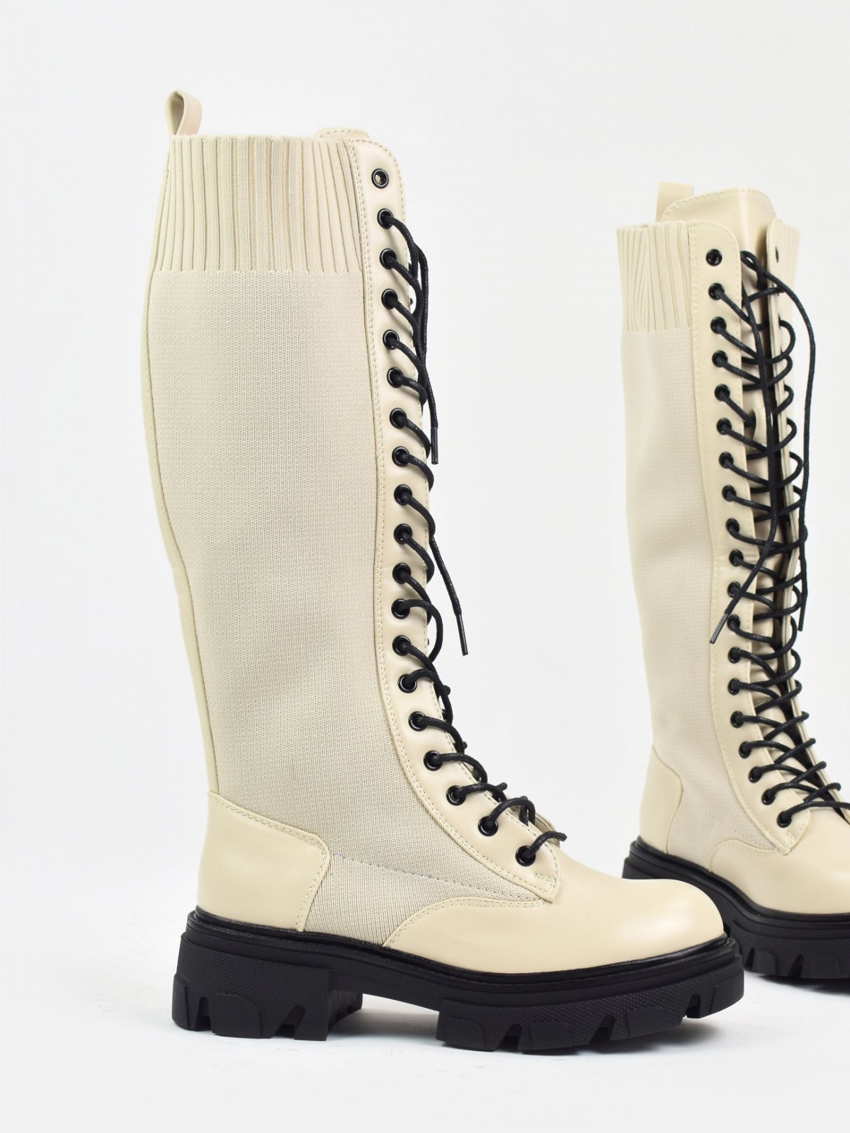 Lace up knitted knee high boots in neutral & black