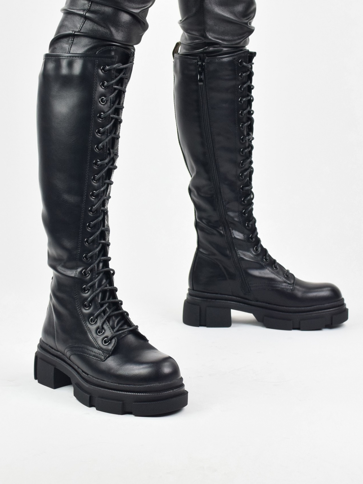 Chunky lace up knee high boots with zipper inside in black