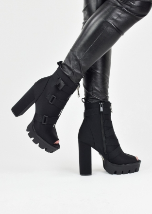 High heeled open toe ankle boots in black