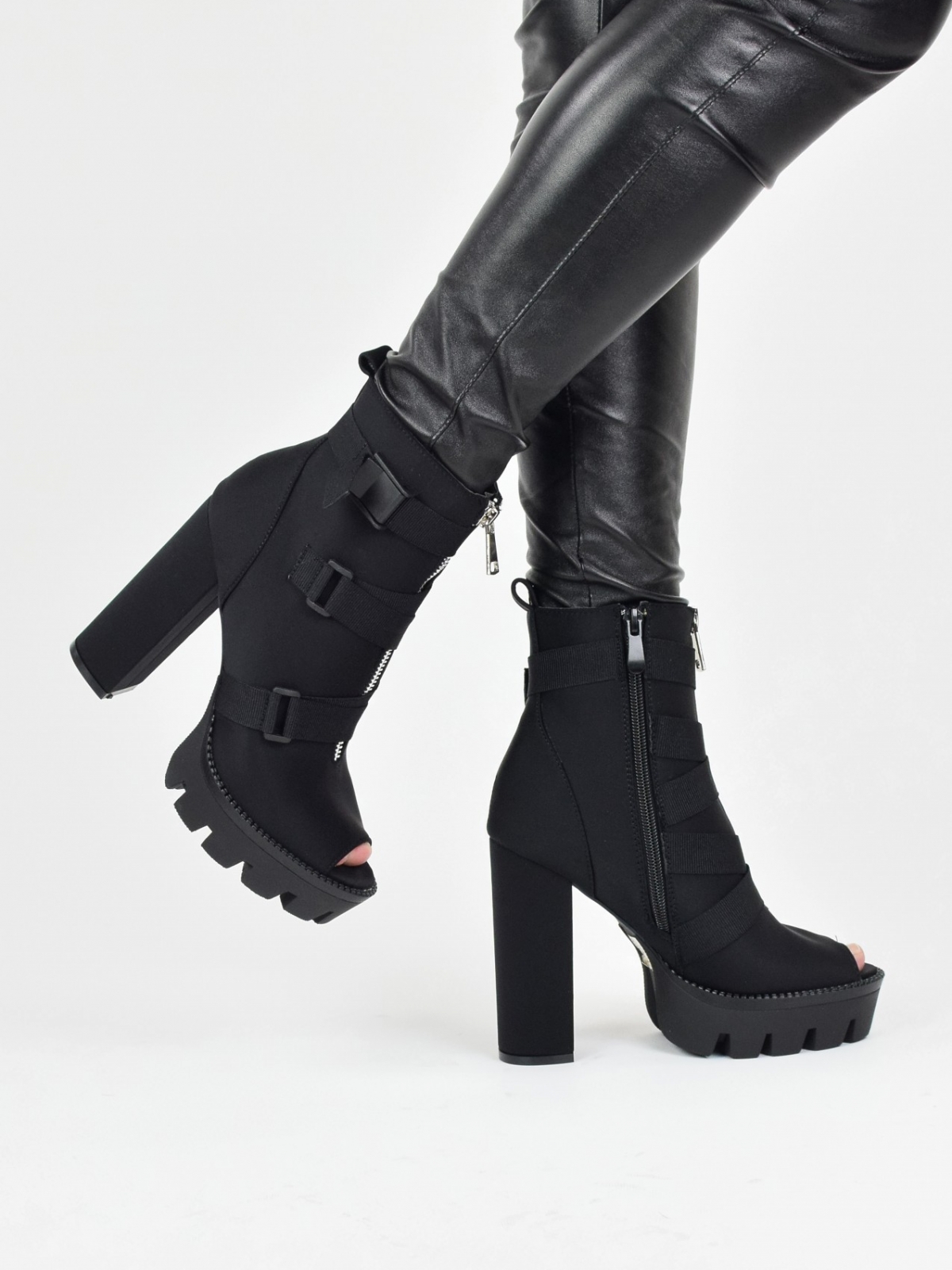 High heeled open toe ankle boots in black