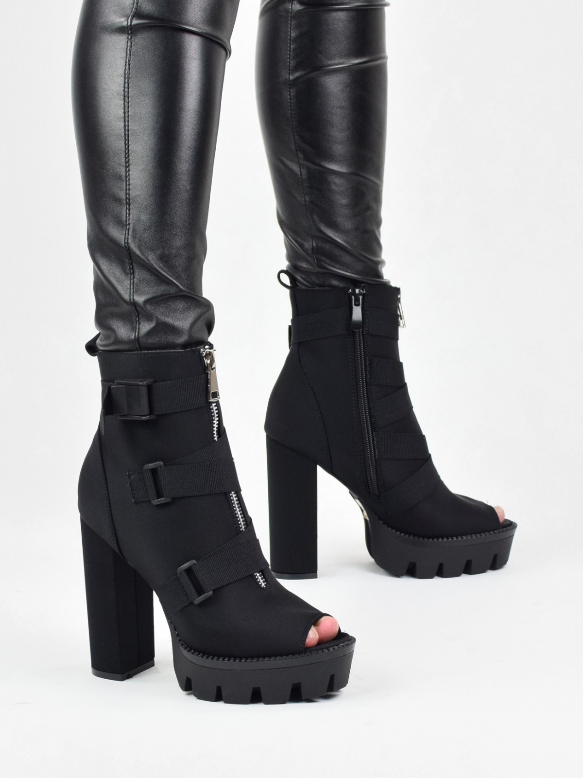 Women's high heeled ankle boots with open toe in black
