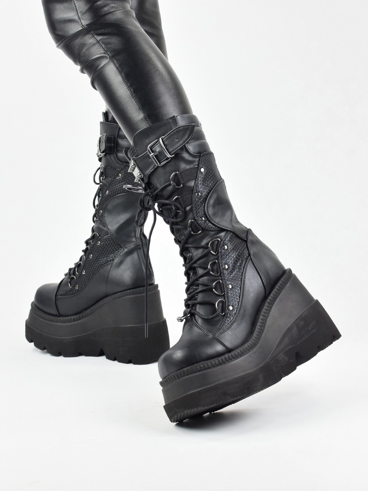Demonia Shaker 70 lace up mid calf platform boots in black