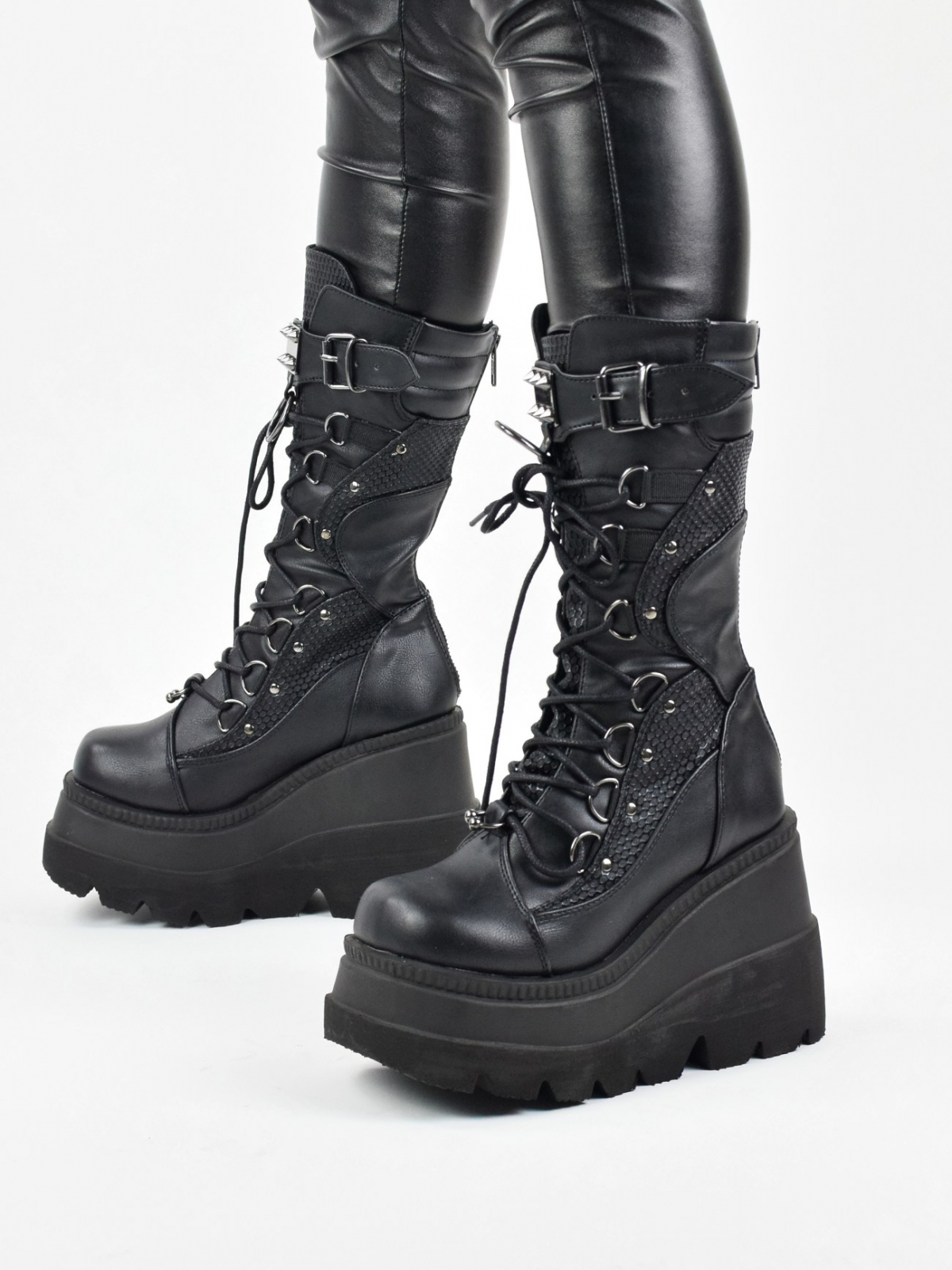 Demonia Shaker 70 lace up mid calf platform boots in black
